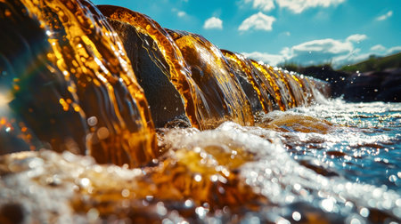 A powerful stream of clear water flows out of a dam, symbolizing the cleansing process of a water treatment plant for industrial use.の素材