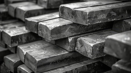 A towering pile of gleaming silver bars, freshly melted at a metallurgical plant, reflecting the light in a black and white composition.の素材