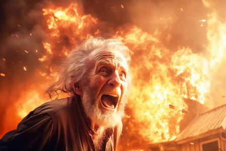 An elderly man passionately screams in front of a raging fire, symbolizing turmoil, destruction, and intense emotions.の素材