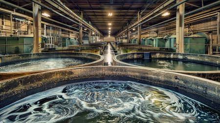 A factory surrounded by flooded water, highlighting the intersection of industrial processes and ecological impact.の素材