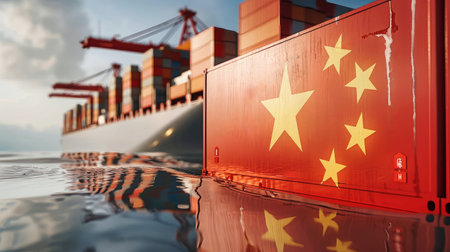 A container ship with the striking Chinese flag sails across the sea, symbolizing international trade and global commerce.の素材