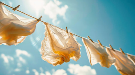 A pair of colorful cloths swaying gently in the wind as they hang from a clothesline.の素材
