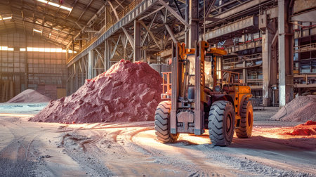 A forklift maneuvers through a factory filled with red dirt, transporting materials for the mining and processing of potash fertilizers.の素材