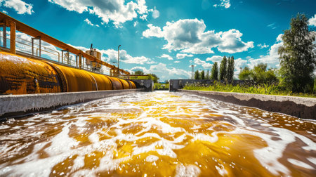 A water treatment plant purifying yellow liquid to improve ecological health and clean industrial drains.の素材