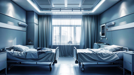Two hospital beds sit side by side, ready to provide comfort and healing to patients in a modern hospital room.の素材