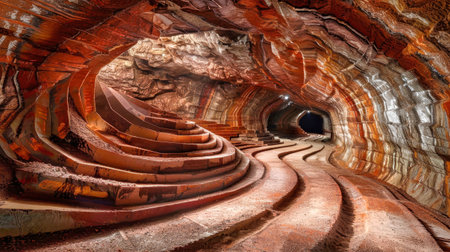 A spiral staircase winds up through a dimly lit cave, creating a mesmerizing and otherworldly scene deep underground.の素材