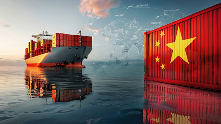 A container ship proudly flying the Chinese flag as it sails across the open sea, a symbol of international trade and commerce.の素材