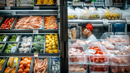 A man stands before a refrigerator overflowing with a colorful array of fresh fruits and vegetables.の素材