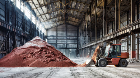 A vibrant red forklift navigates through a warehouse filled with a pile of red dust, showing the bustling mining and processing activities of potash fertilizers.の素材