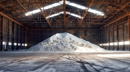 A pile of white sand sits serenely in a vast warehouse filled with potash fertilizers, embodying the beauty and vastness of industrial minerals.の素材