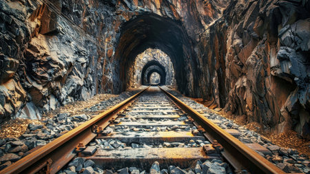 A train track weaves its way through the darkness of a tunnel deep underground, disappearing into the unknown.の素材