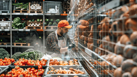 A man wearing an orange apron diligently stocking shelves in a bustling grocery store.の素材