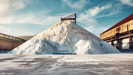 A massive pile of salt lays in front of a bustling factory, ready for processing into potash fertilizers.の素材