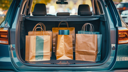 A car trunk brimming with colorful shopping bags, ready for the next adventure.の素材