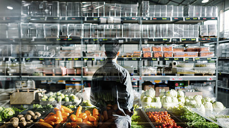 A man with a shopping basket in a hypermarket, carefully inspecting the assortment of fresh vegetables on display.の素材