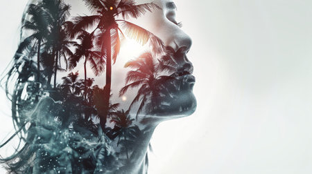 An abstract image of a woman on a beach, with palm trees superimposed onto her profile, creating a dreamlike and evocative scene.の素材