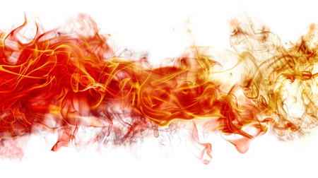 A close-up shot of fire flames, isolated on a white background. The flames are a vibrant orange and yellow, with wispy smoke trailing behind them.の写真素材