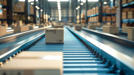 A cardboard box is seen traveling along a conveyor belt in a busy warehouse setting.の素材