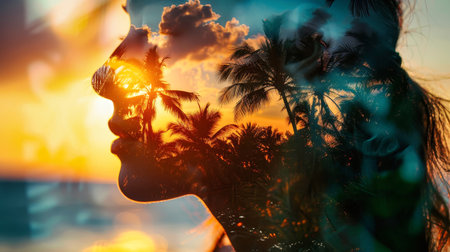 A womans silhouette is overlaid with a tropical sunset scene, creating a dreamy and ethereal image.の素材