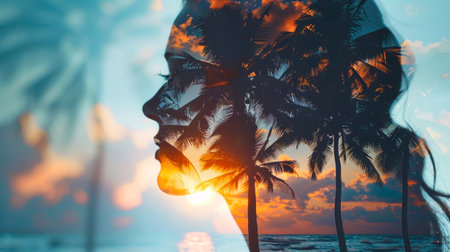 A double exposure image showing a womans silhouette against a backdrop of palm trees and a vibrant sunset over the ocean.の素材