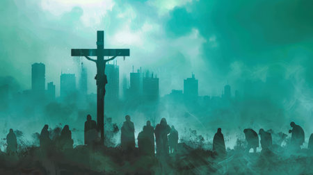 Jesus Christ hangs on the cross, a stark silhouette against the backdrop of a city shrouded in mist. The crowd surrounding the cross stands in quiet contemplation, their figures blending into the hazy atmosphere.の素材