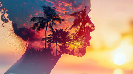 A womans silhouette stands on a beach, her face blending with palm trees and a vibrant sunset, creating a peaceful and ethereal scene.の素材