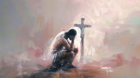 A painting depicting Jesus kneeling in a state of despair before a cross, surrounded by a hazy atmosphere.の素材