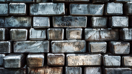 A close-up view of a towering pile of meticulously arranged silver bars, reflecting light and showing their shiny surfaces.の素材