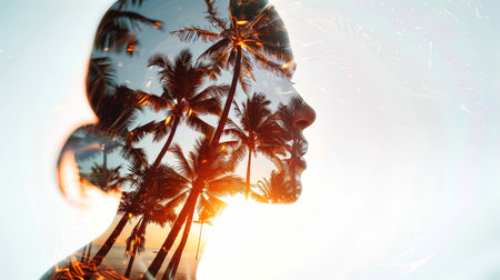 A double exposure image of a womans profile silhouetted against a beach scene with palm trees and a sunset.の素材