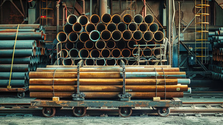 A close-up shot of a steel pipe transport cart loaded with long, rusted pipes.の素材