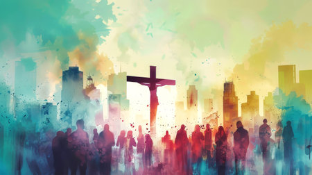 A watercolor painting depicting Jesus on the cross in a modern urban setting, surrounded by a crowd of people.の素材