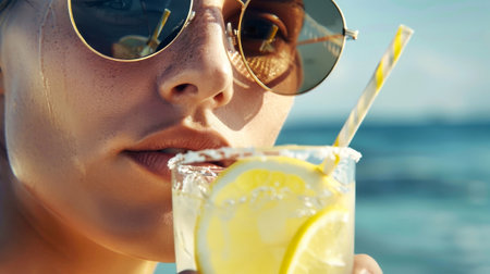 A woman enjoys a refreshing drink with a lemon wedge in it, while wearing sunglasses and relaxing on the beach.の素材