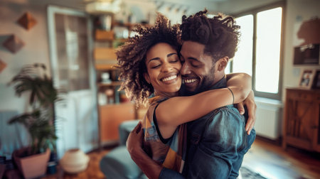 A young couple embraces in their new home, celebrating their milestone achievement.の素材