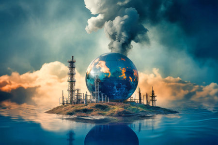 A globe sits engulfed in smog, a chilling metaphor for the impact of industry on our planet. The scene depicts the devastating consequences of pollution on the Earths environment.の素材