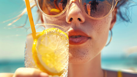 A close-up of a woman enjoying a refreshing drink with a lemon wedge on the beach.の素材
