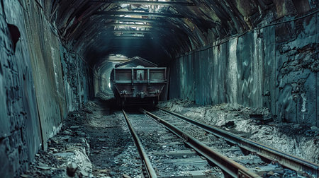 A lone ore cart travels down a dark, narrow mine shaft.の素材