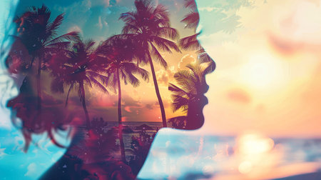 A womans silhouette is overlaid with a breathtaking tropical sunset, showcasing palm trees on the beach.の素材