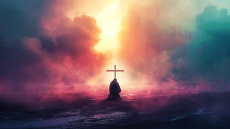 A digital painting depicting Jesus kneeling before a cross in a dramatic, mystical landscape. The setting is filled with vibrant colors and swirling clouds, suggesting a spiritual or otherworldly atmosphere.の素材