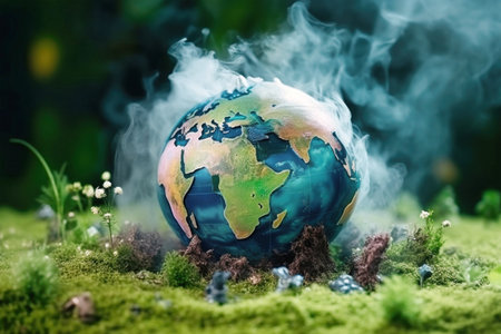 A globe of the Earth, surrounded by smoke and nestled in a bed of green moss, signifies the environmental crisis facing our planet.の素材