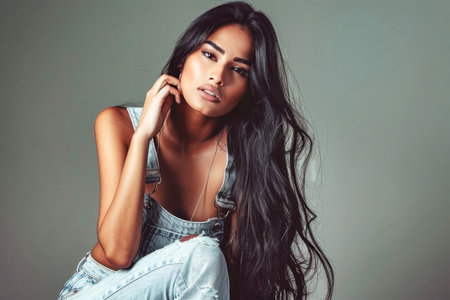 A young Indian woman with long black hair sits against a neutral background, her gaze fixed and contemplative, conveying a sense of calmness and introspection.の素材