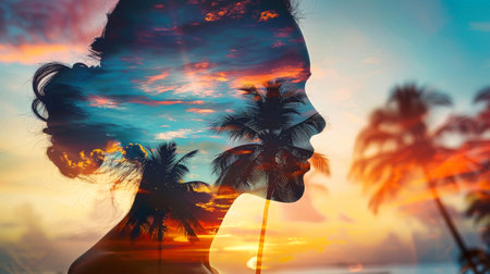 A silhouette of a woman on a beach at sunset, with palm trees and colorful clouds blending into her form.の素材