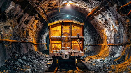 A rusty ore cart sits on rails in a dark and dusty mine shaft, waiting to be loaded with precious minerals. The overhead lights cast long shadows on the rough walls of the tunnel.の素材