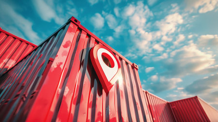 A red shipping container adorned with a pin, symbolizing international transportation of goods and the journey across vast oceans.の素材