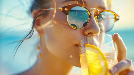 A woman with sunglasses enjoys a refreshing drink on a sunny beach, with the ocean reflected in her glasses.の素材