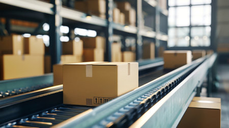 Boxes being transported along a conveyor belt in a busy warehouse setting.の素材