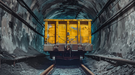 A yellow ore cart stands alone on a railway track, illuminated by the dim light emanating from the tunnel entrance.の素材