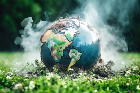 A globe, shrouded in smoke and ash, lies amidst scorched grass, a poignant reminder of the environmental catastrophe affecting our planet.の素材