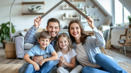 A family of four smiles brightly for the camera while holding a home-shaped frame above their heads.の素材