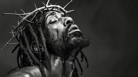 A black and white portrait of a Black Jesus Christ, wearing a crown of thorns and with blood running down his face, as he looks up in pain.の素材