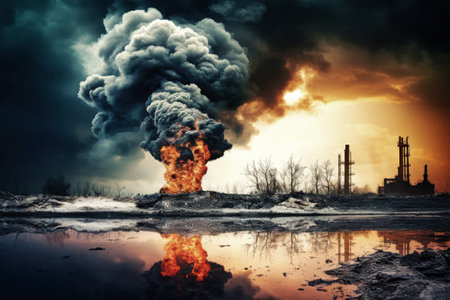A fiery explosion erupts from the ground, spewing black smoke and flames against a backdrop of industrial structures and a barren landscape.の素材